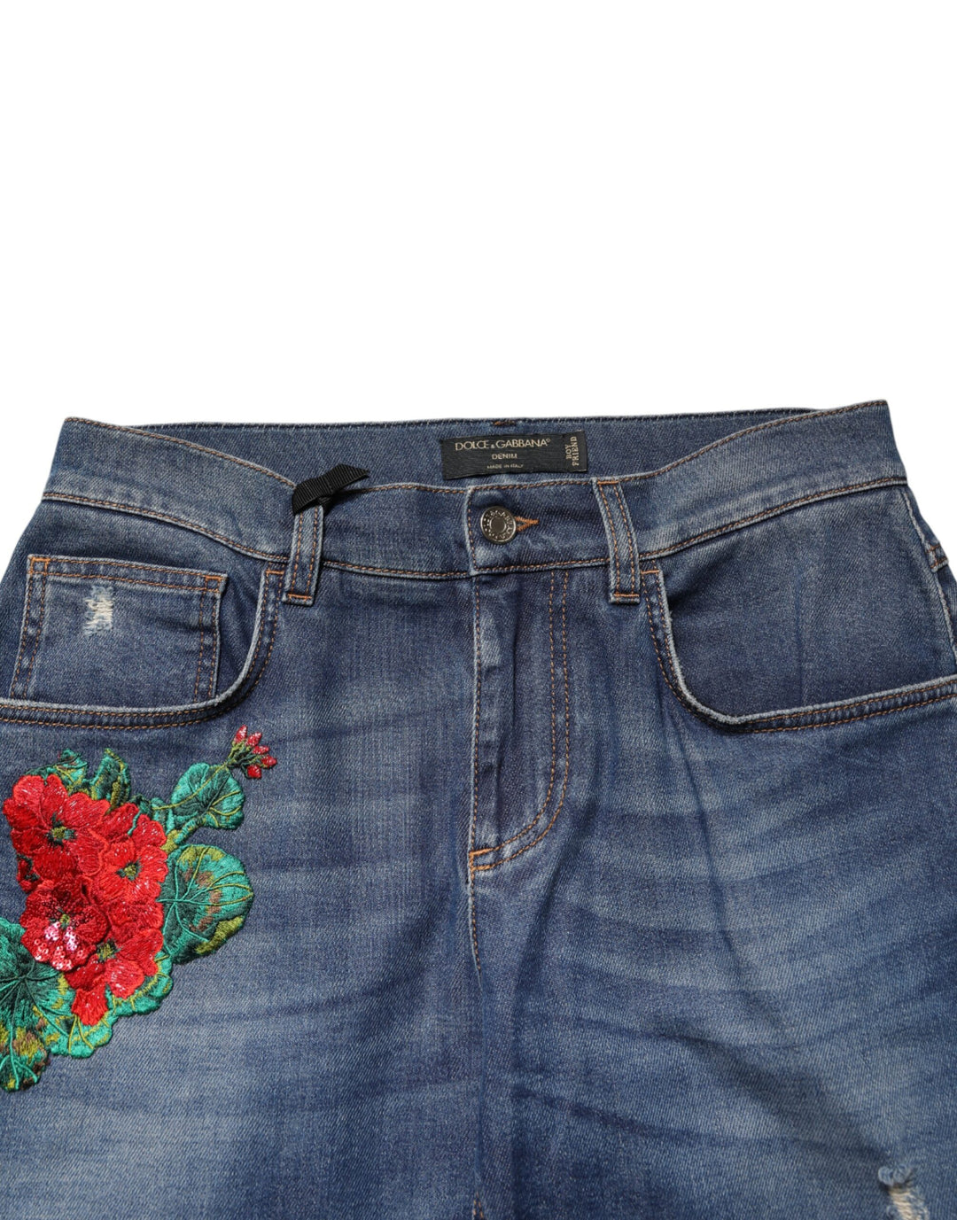 Dolce &amp; Gabbana Blue Floral Embroidered BOYFRIEND Denim Jeans