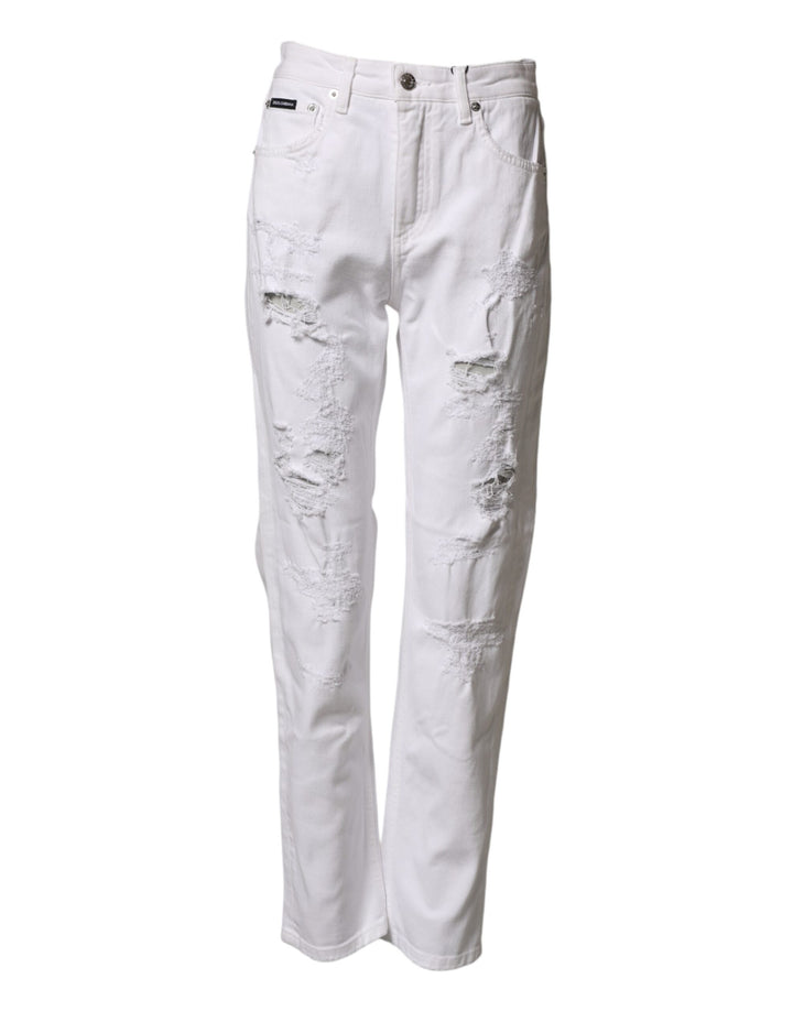 Dolce &amp; Gabbana White Distressed Cotton BOYFRIEND Denim Jeans