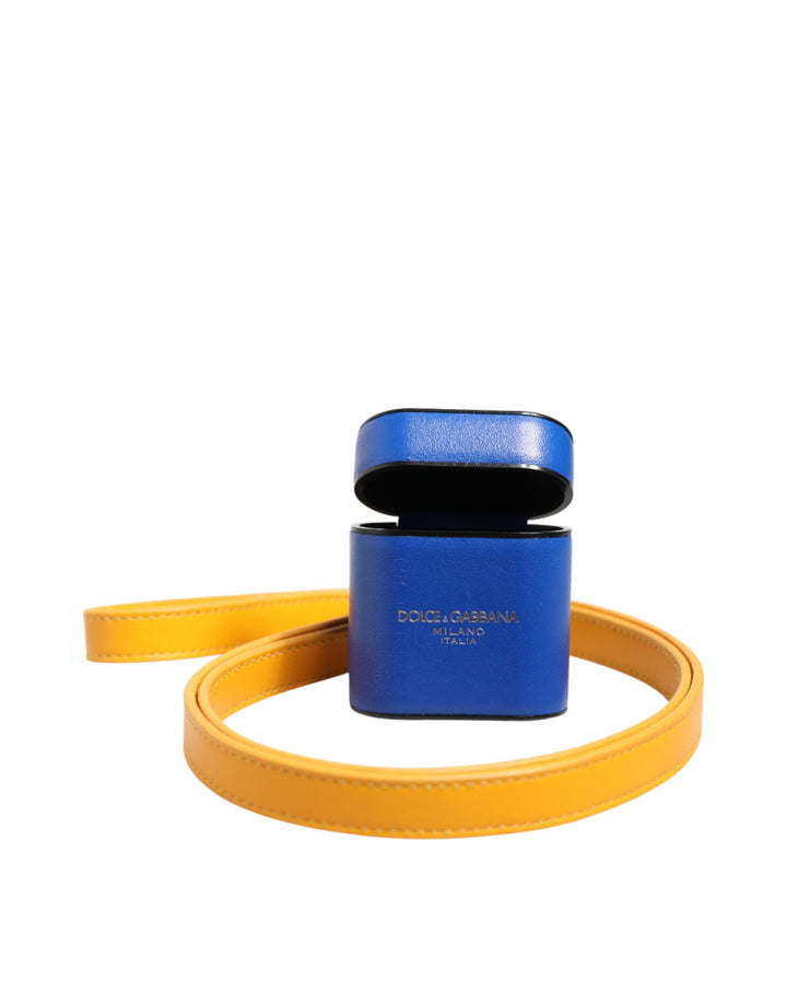Dolce &amp; Gabbana Blue Yellow Calfskin Leather Logo Strap Men Airpods Case