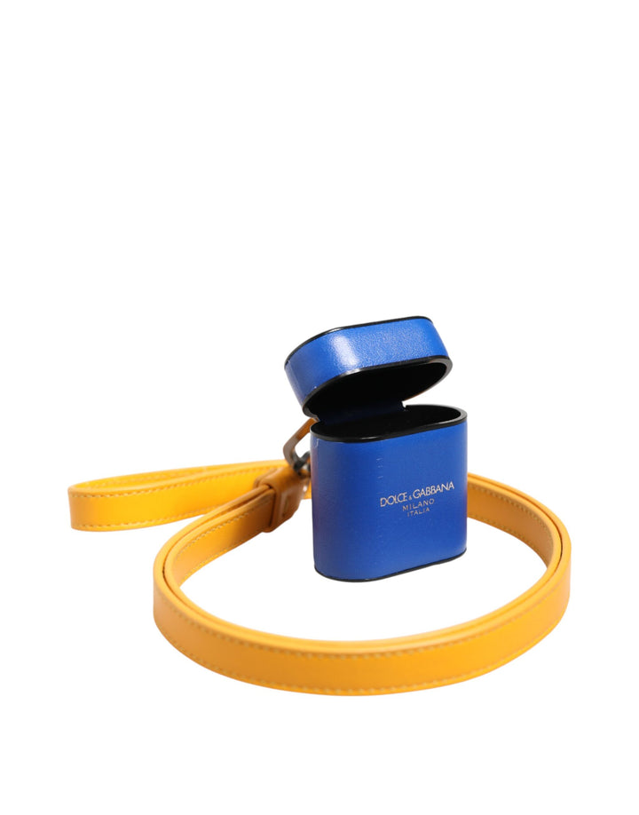 Dolce &amp; Gabbana Blue Yellow Calfskin Leather Logo Strap Men Airpods Case
