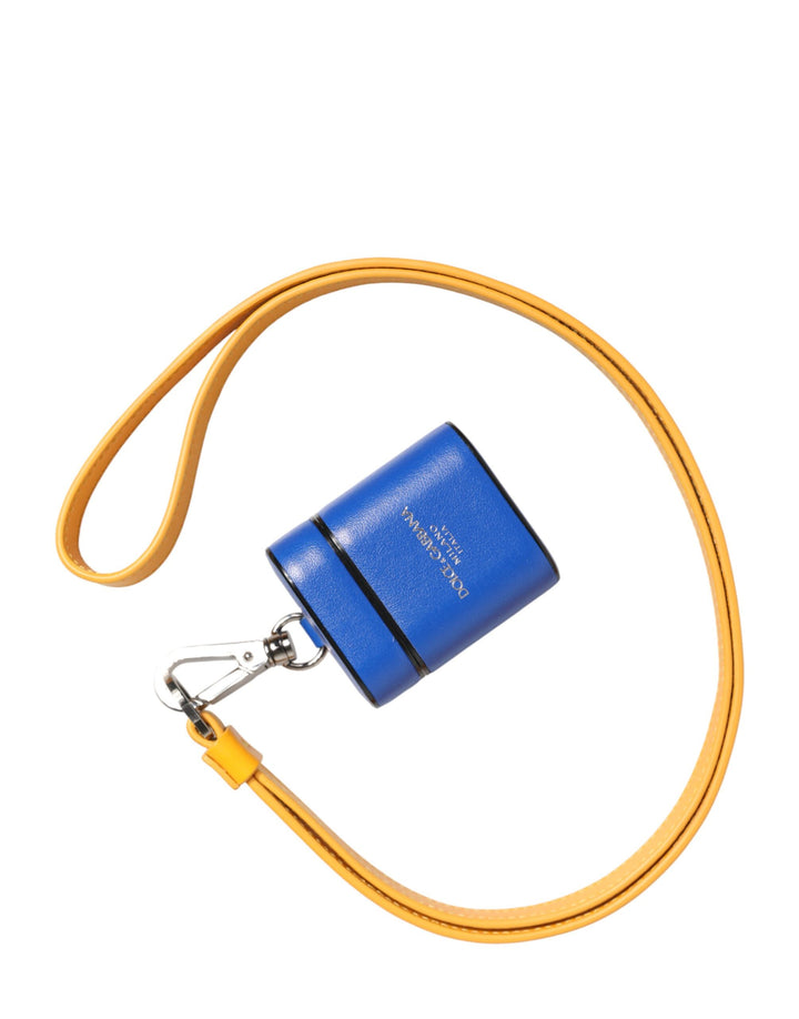 Dolce &amp; Gabbana Blue Yellow Calfskin Leather Logo Strap Men Airpods Case