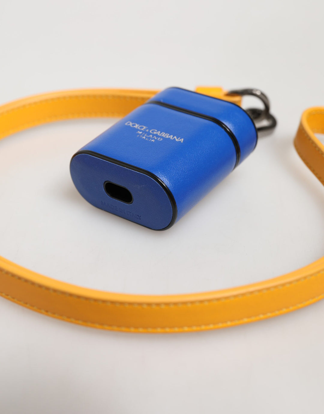 Dolce &amp; Gabbana Blue Yellow Calfskin Leather Logo Strap Men Airpods Case