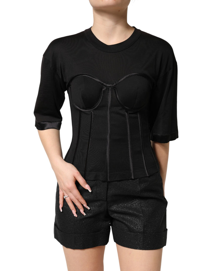 Dolce &amp; Gabbana Black Cotton Bustier Corset Short Sleeves T-shirt