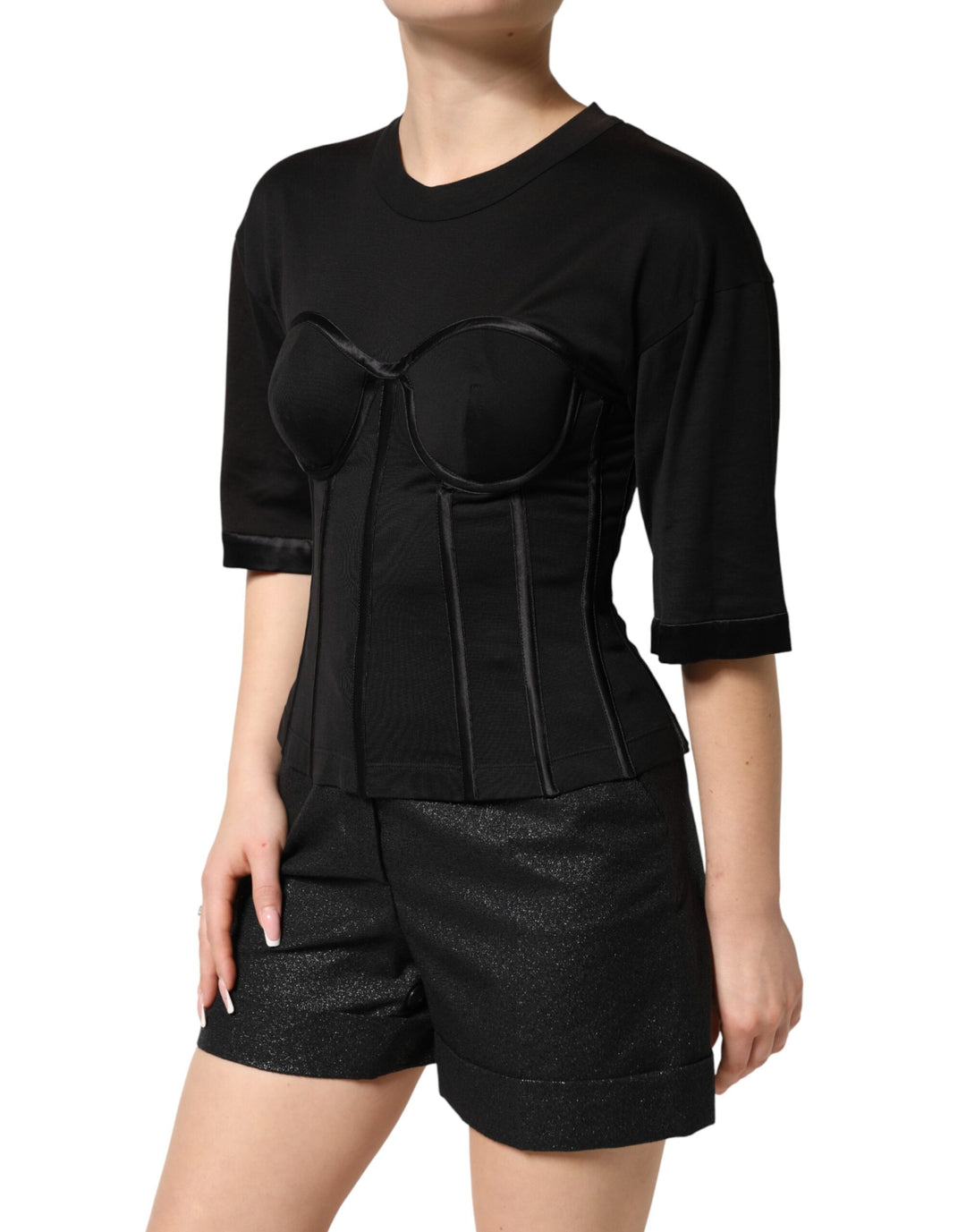 Dolce &amp; Gabbana Black Cotton Bustier Corset Short Sleeves T-shirt