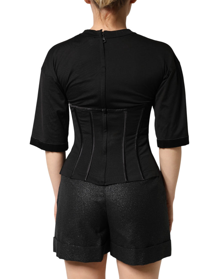 Dolce &amp; Gabbana Black Cotton Bustier Corset Short Sleeves T-shirt
