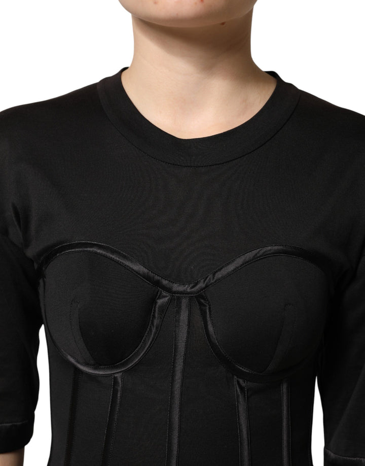Dolce &amp; Gabbana Black Cotton Bustier Corset Short Sleeves T-shirt