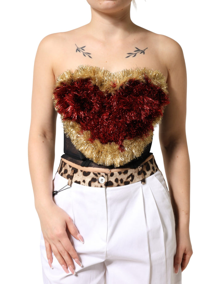 Dolce &amp; Gabbana Black Gold Heart Bustier Corset Tinsel Top