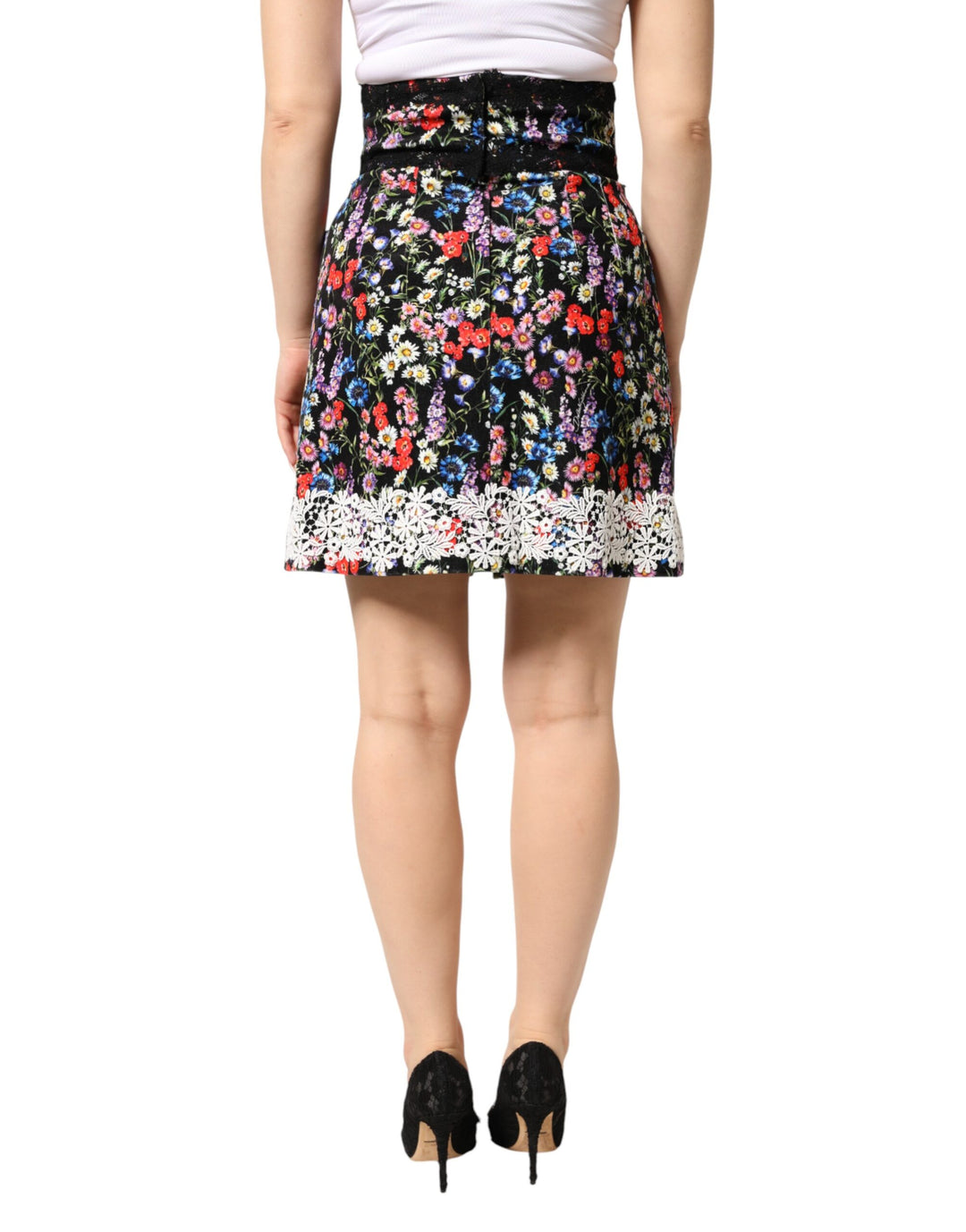 Dolce &amp; Gabbana Black Floral Lace Cotton HighWaist Mini Skirt