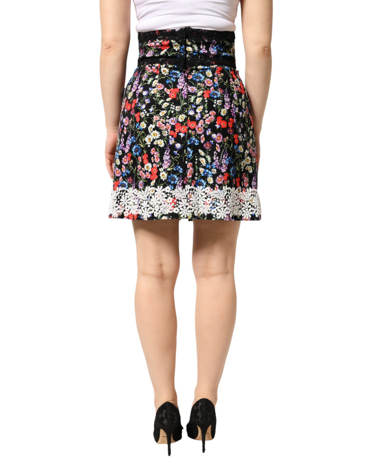 Dolce &amp; Gabbana Black Floral Lace Cotton HighWaist Mini Skirt