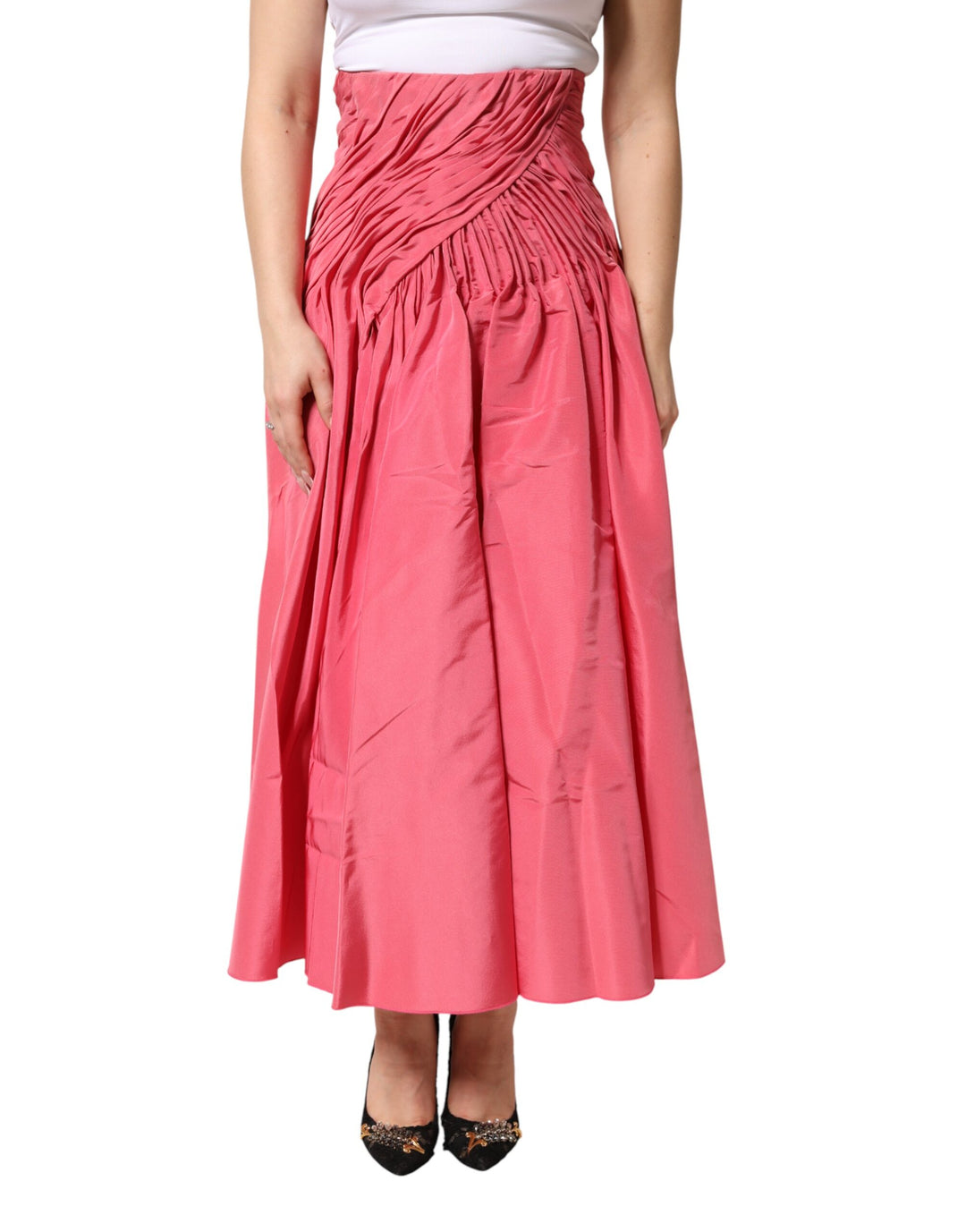 Dolce &amp; Gabbana Pink Silk Pleated High Waist Midi Skirt