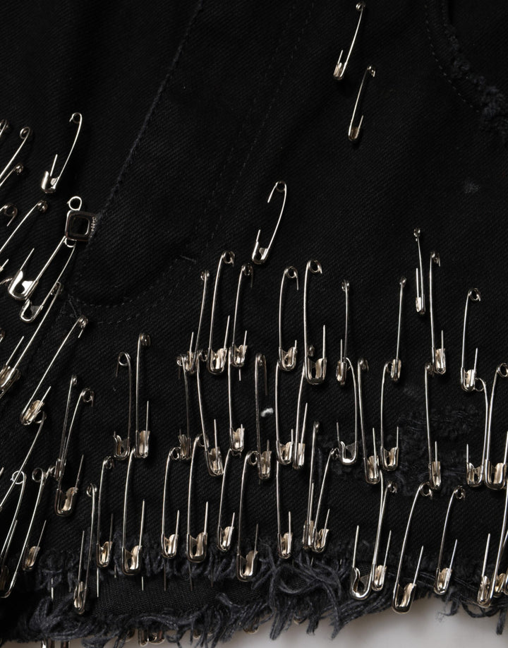 Dolce &amp; Gabbana Black Pins Cotton Denim Hot Pants Shorts