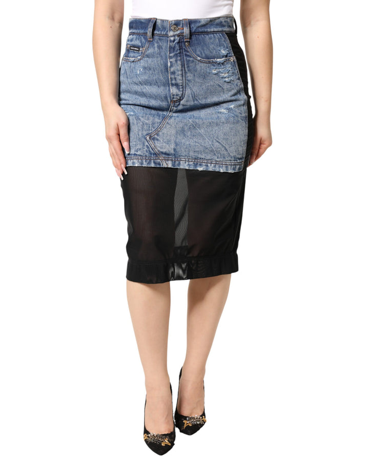 Dolce &amp; Gabbana Blue Black Cotton Denim Sheer Midi Skirt