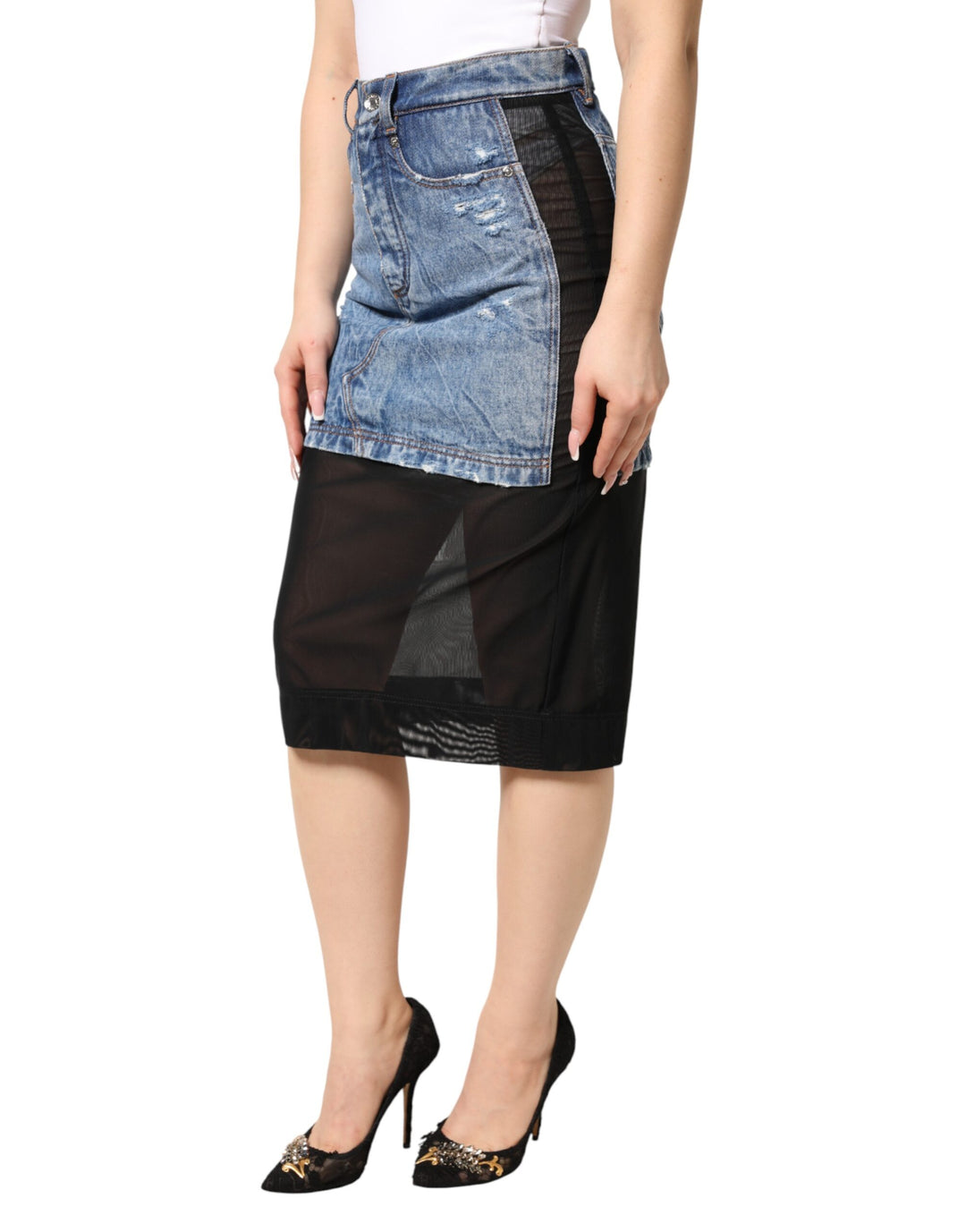 Dolce &amp; Gabbana Blue Black Cotton Denim Sheer Midi Skirt