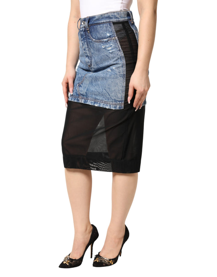 Dolce &amp; Gabbana Blue Black Cotton Denim Sheer Midi Skirt