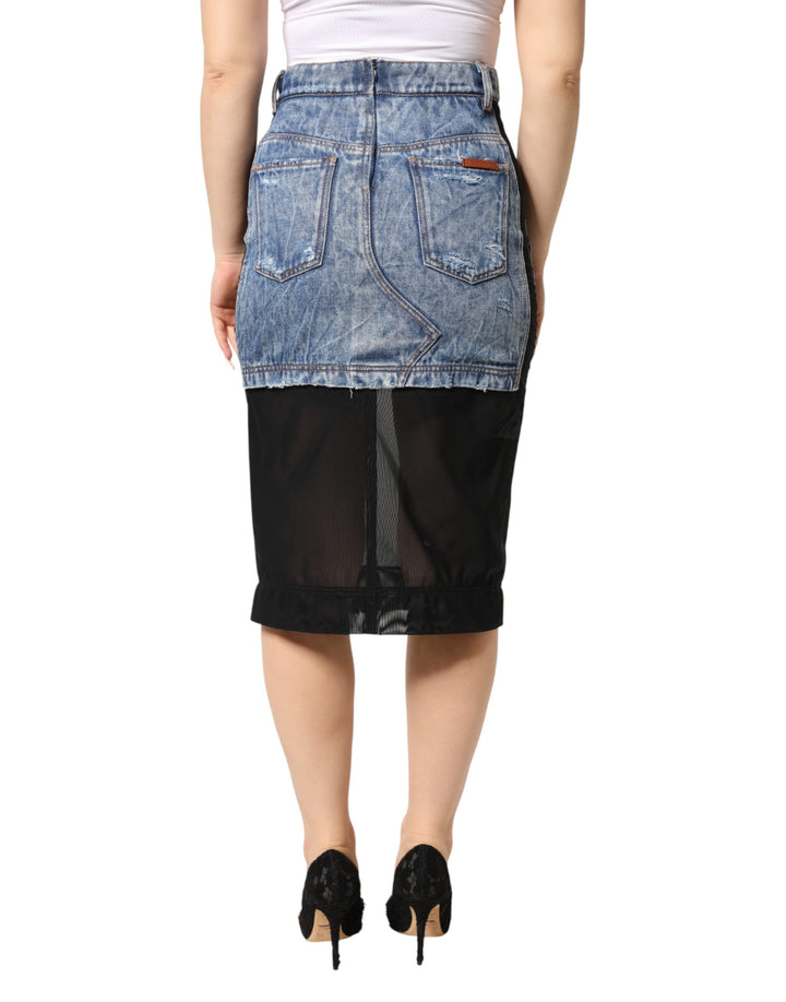 Dolce &amp; Gabbana Blue Black Cotton Denim Sheer Midi Skirt