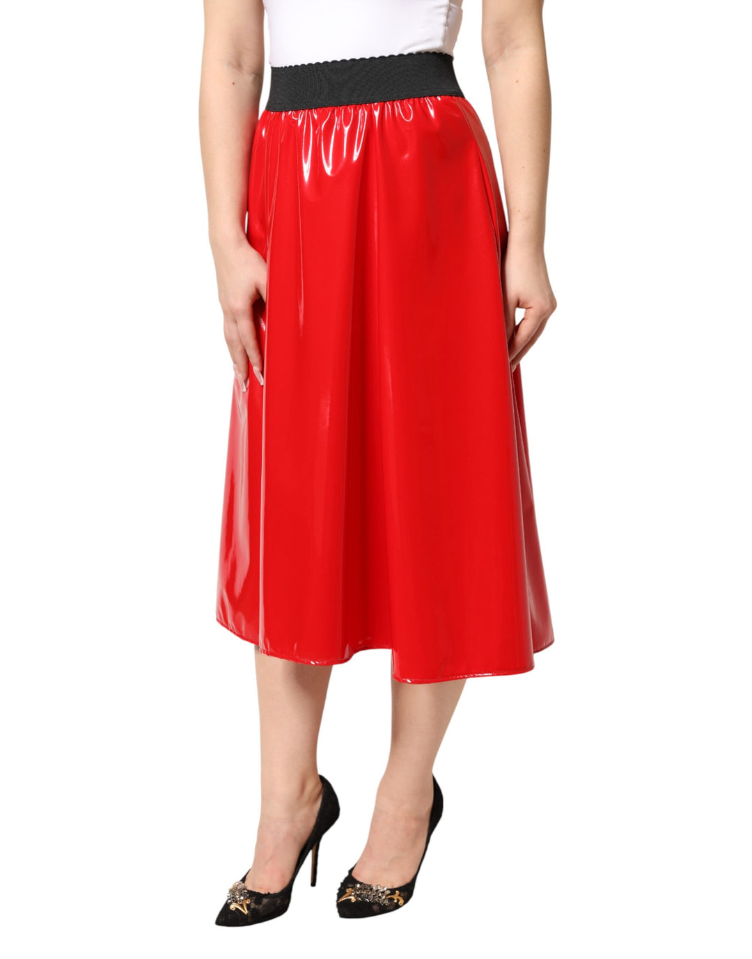 Dolce &amp; Gabbana Glossy Red Polyester High Waist Midi Skirt