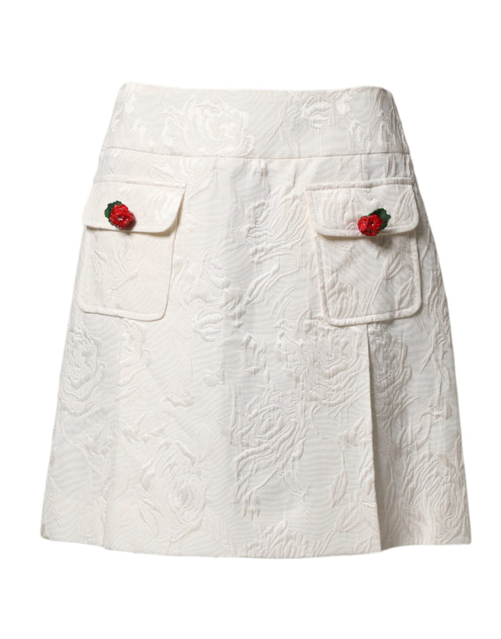Dolce &amp; Gabbana White Floral Brocade High Waist Mini Skirt
