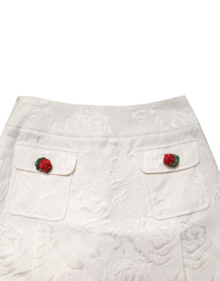 Dolce &amp; Gabbana White Floral Brocade High Waist Mini Skirt