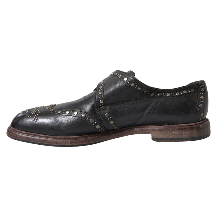 Dolce &amp; Gabbana Black Leather Monk Strap Studded Dress Shoes