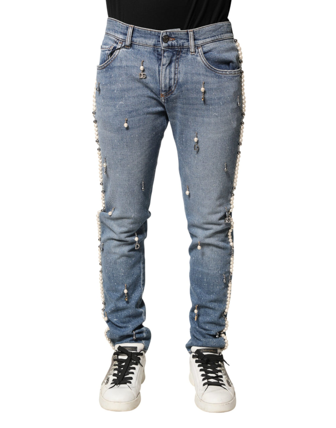 Dolce &amp; Gabbana Blue Embellished Cotton Skinny Denim Jeans