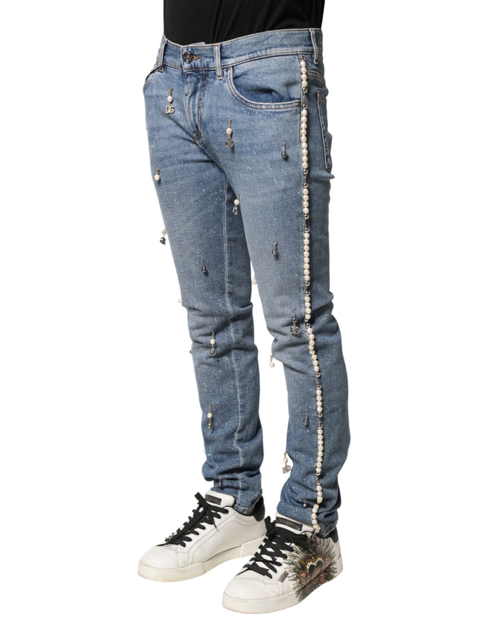Dolce &amp; Gabbana Blue Embellished Cotton Skinny Denim Jeans