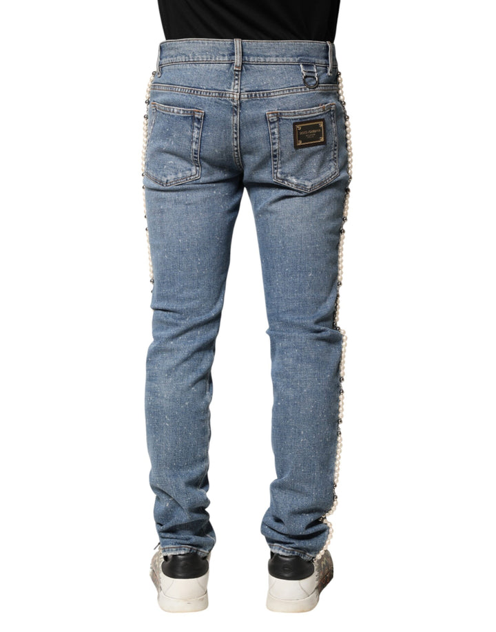 Dolce &amp; Gabbana Blue Embellished Cotton Skinny Denim Jeans