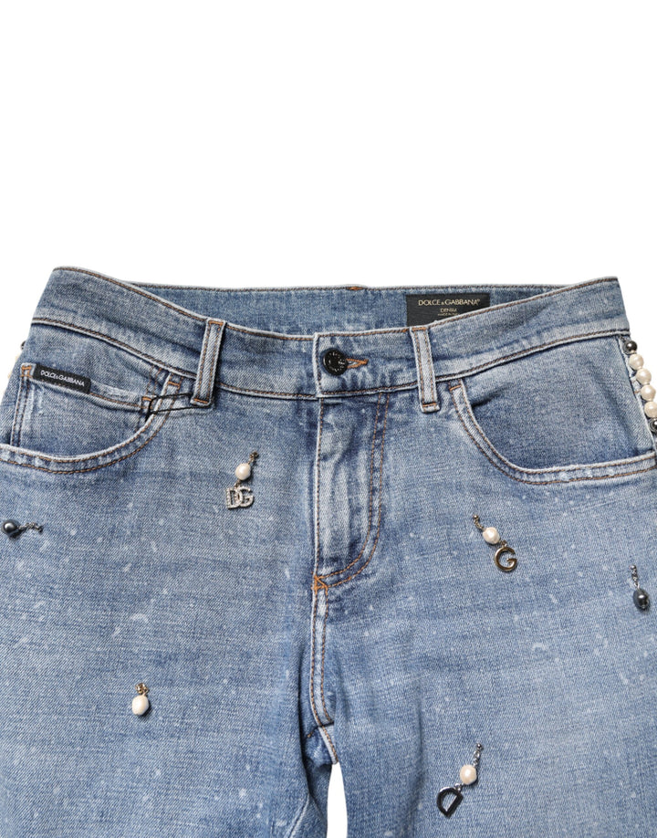 Dolce &amp; Gabbana Blue Embellished Cotton Skinny Denim Jeans