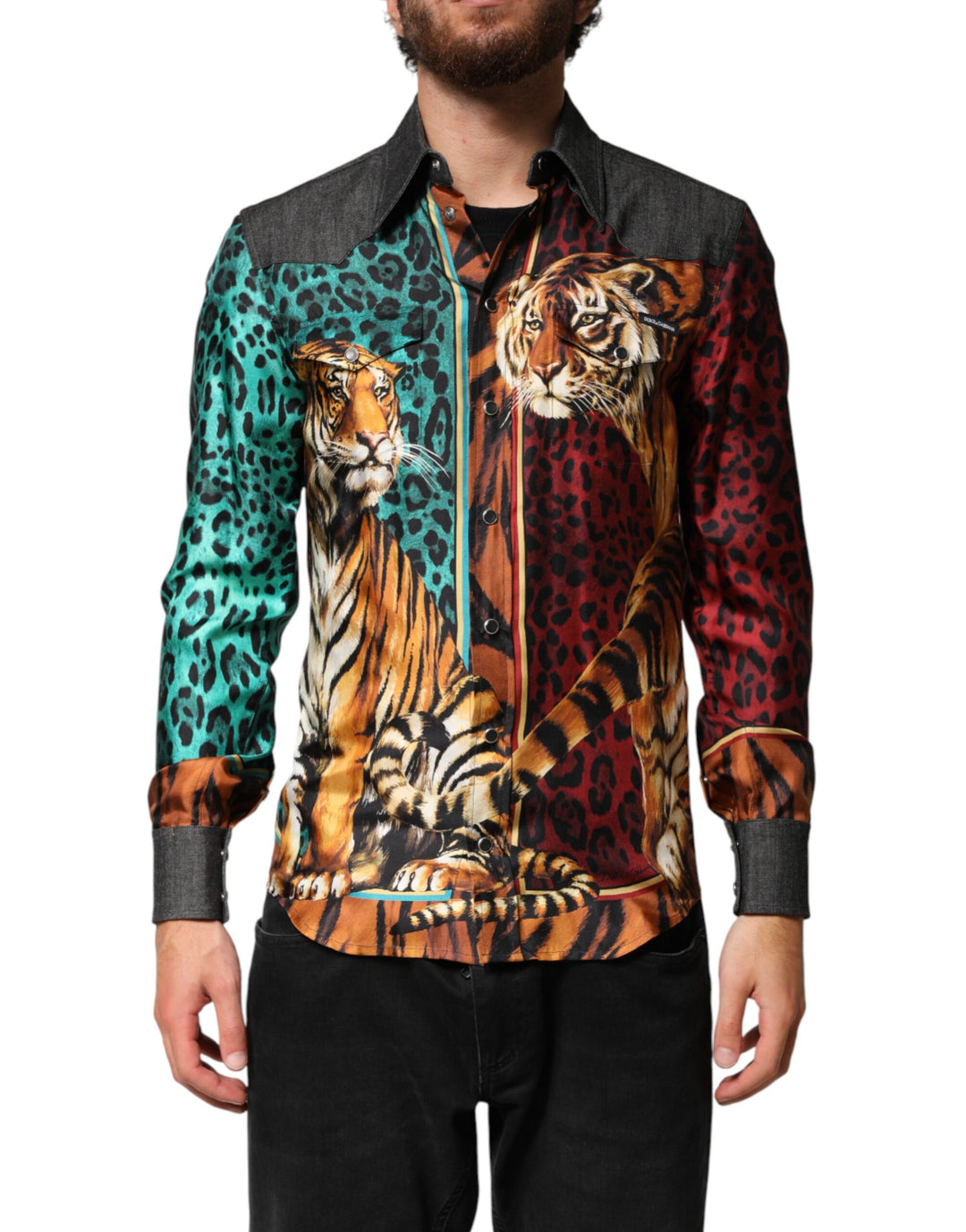Dolce &amp; Gabbana Multicolor Tiger Leopard Print Silk Men Shirt