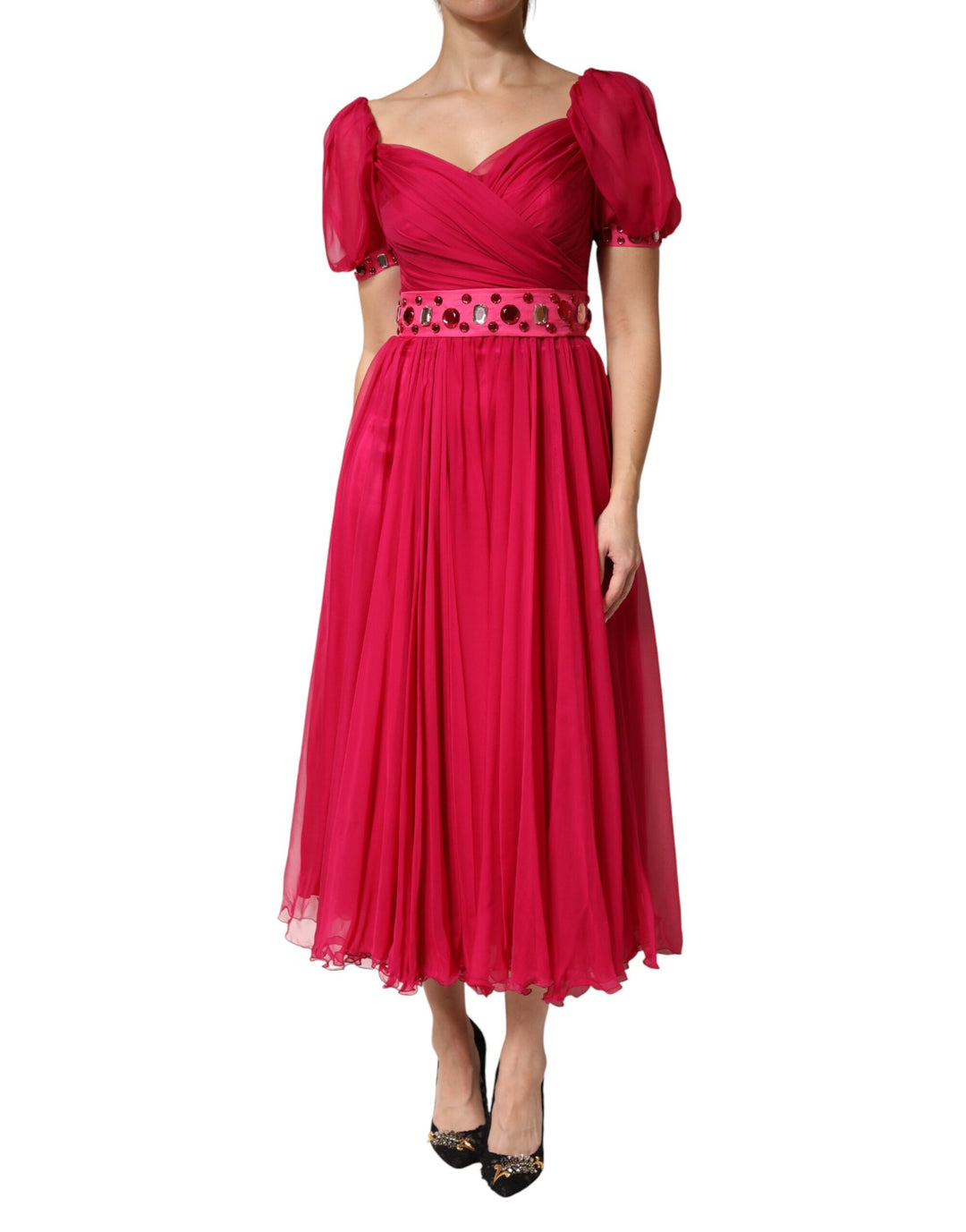 Dolce &amp; Gabbana Pink Silk Embellished A-line Midi Dress