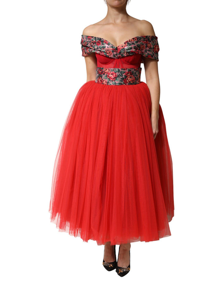 Dolce &amp; Gabbana Red Floral Off Shoulder A-line Gown Dress