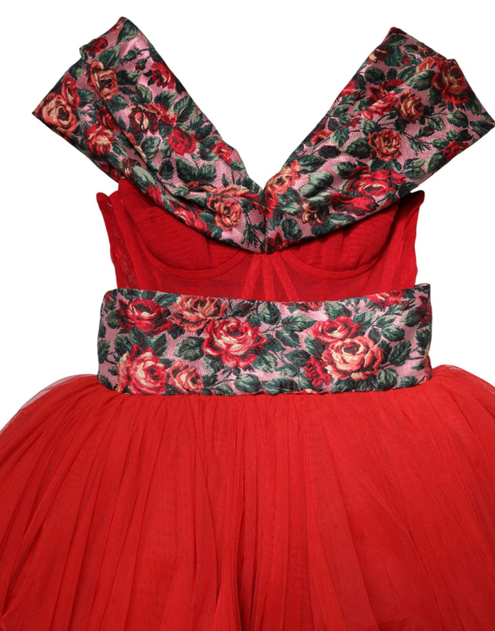 Dolce &amp; Gabbana Red Floral Off Shoulder A-line Gown Dress