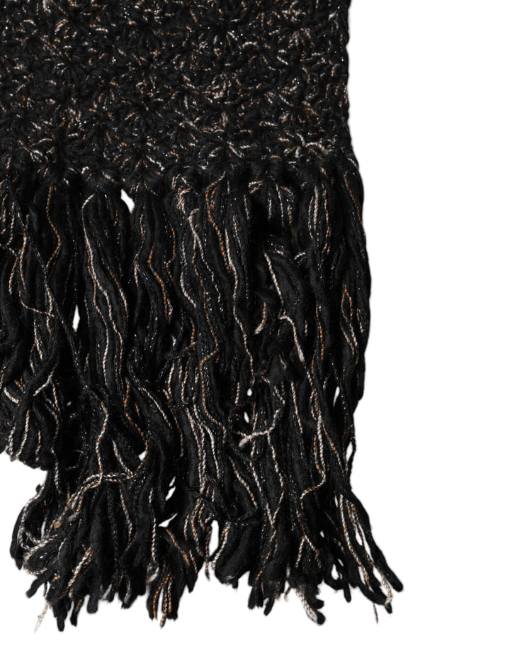Dolce &amp; Gabbana Black Wool Fringes Neck Wrap Foulard Scarf