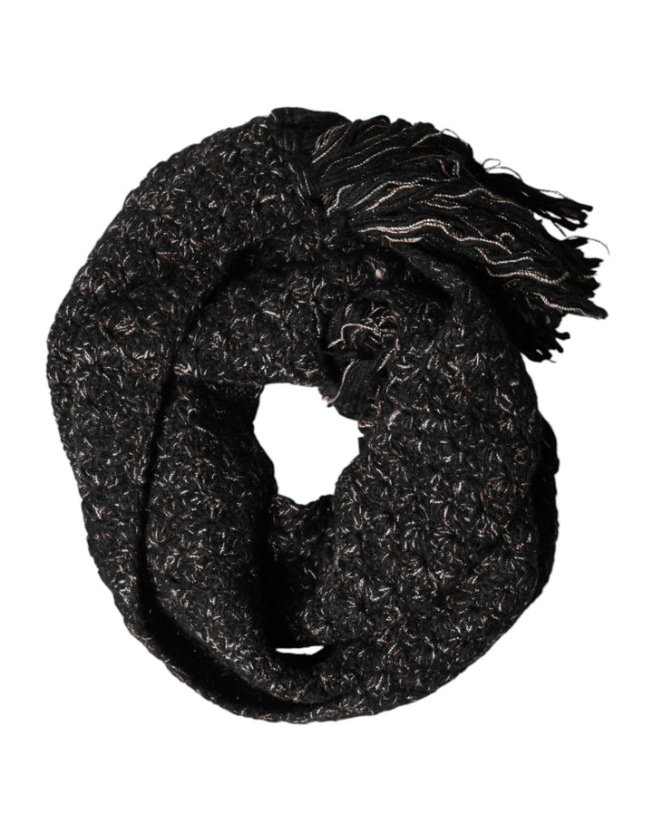 Dolce &amp; Gabbana Black Wool Fringes Neck Wrap Foulard Scarf