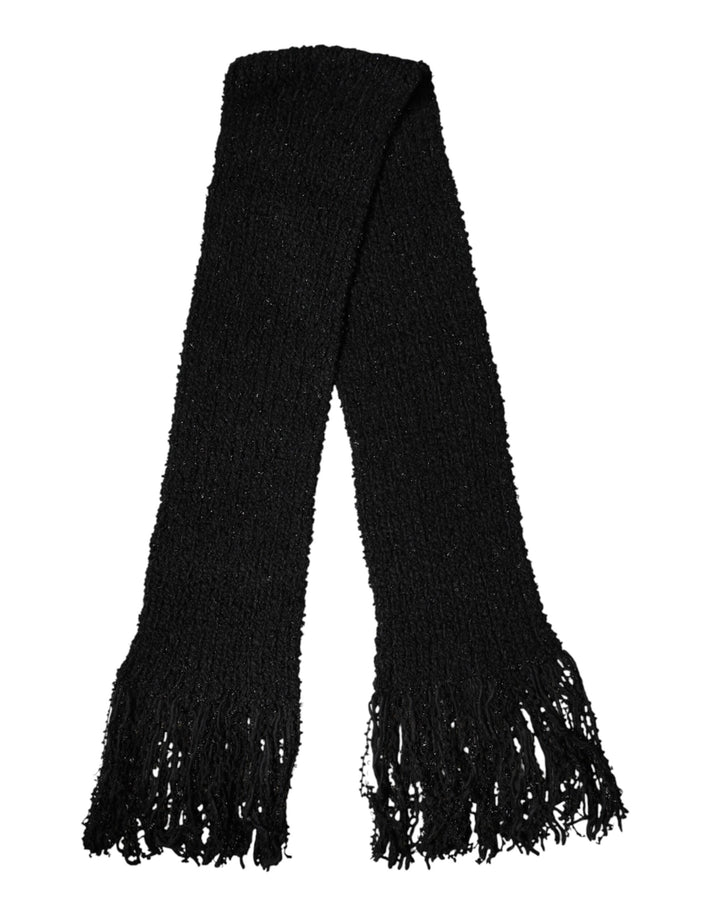Dolce &amp; Gabbana Black Wool Fringes Neck Wrap Foulard Scarf