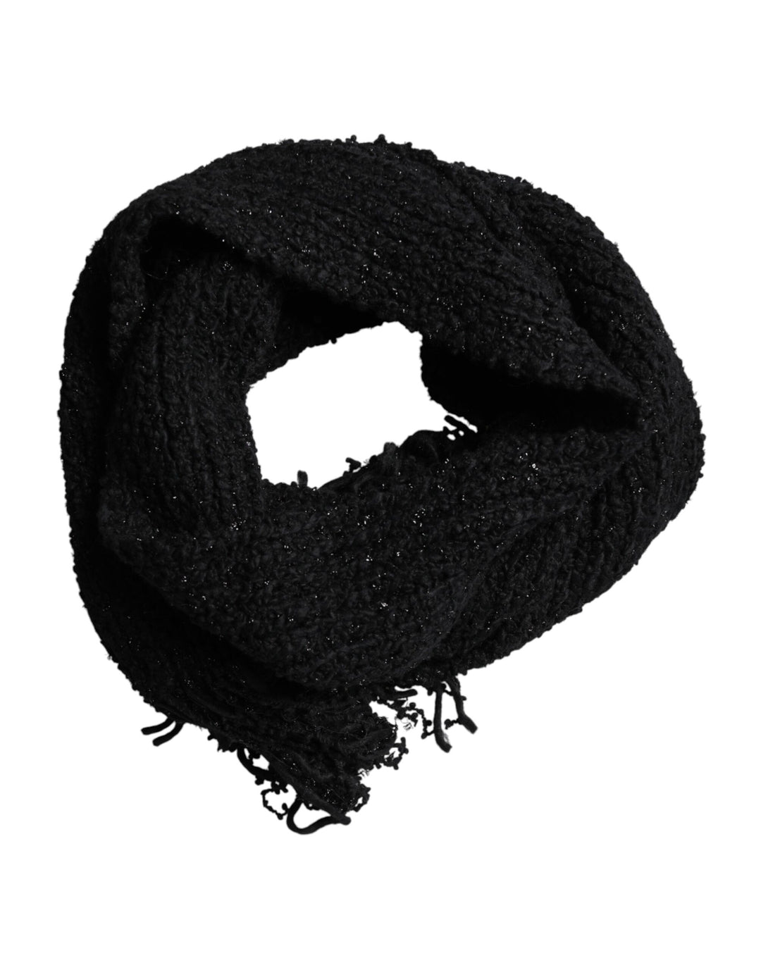 Dolce &amp; Gabbana Black Wool Fringes Neck Wrap Foulard Scarf