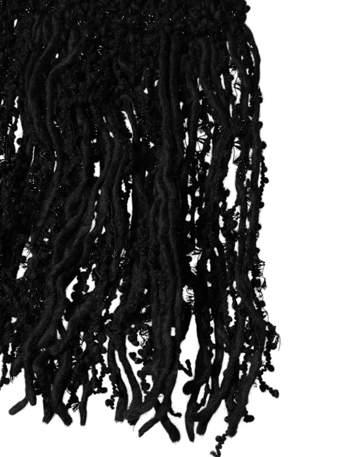Dolce &amp; Gabbana Black Wool Fringes Neck Wrap Foulard Scarf