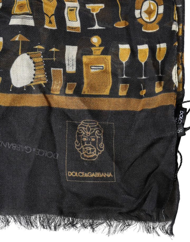 Dolce &amp; Gabbana Black Jazz Club Print Neck Wrap Shawl Scarf