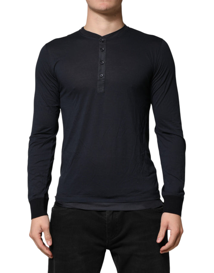 Dolce &amp; Gabbana Dark Blue Cotton Henley Long Sleeves T-Shirt