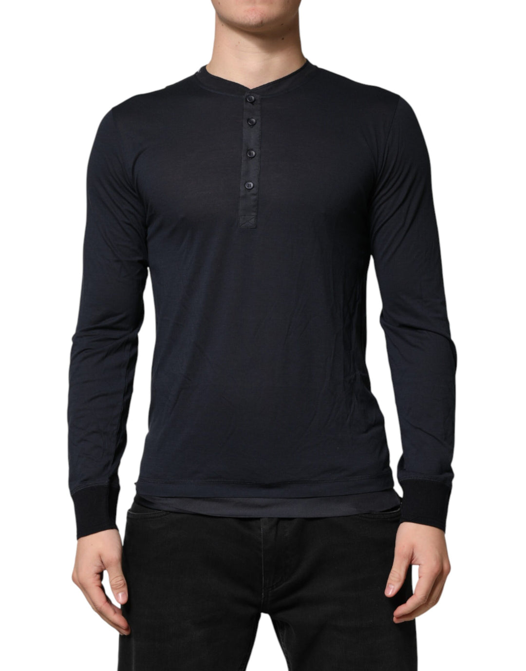 Dolce &amp; Gabbana Dark Blue Cotton Henley Long Sleeves T-Shirt