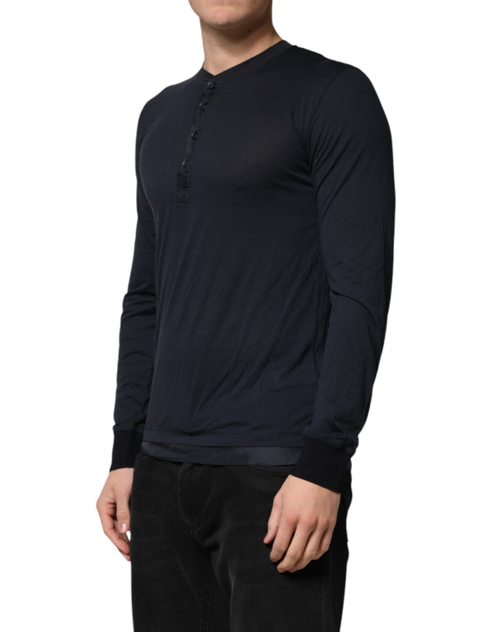 Dolce &amp; Gabbana Dark Blue Cotton Henley Long Sleeves T-Shirt