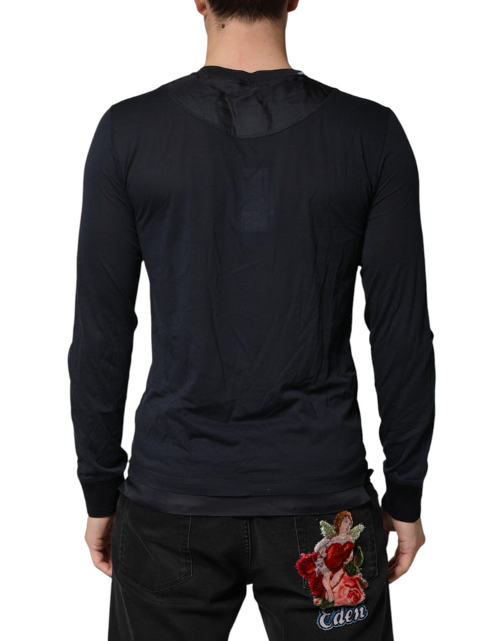 Dolce &amp; Gabbana Dark Blue Cotton Henley Long Sleeves T-Shirt