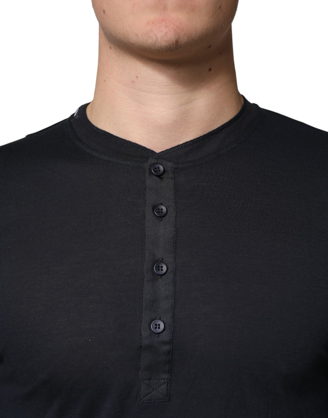 Dolce &amp; Gabbana Dark Blue Cotton Henley Long Sleeves T-Shirt
