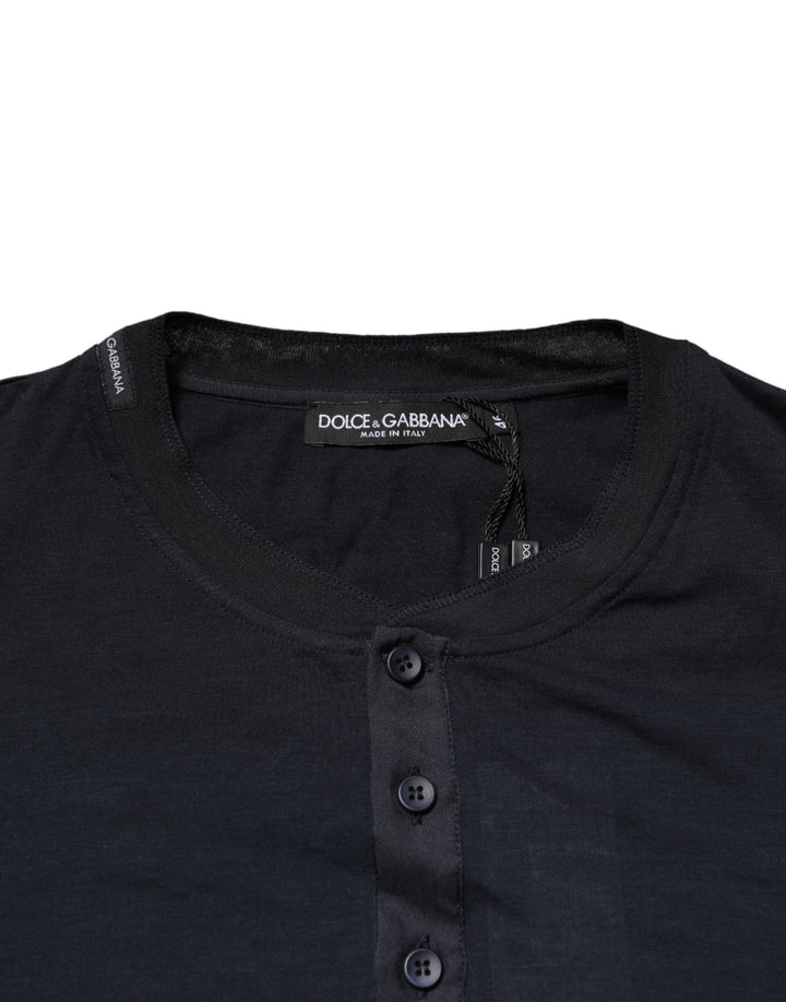 Dolce &amp; Gabbana Dark Blue Cotton Henley Long Sleeves T-Shirt