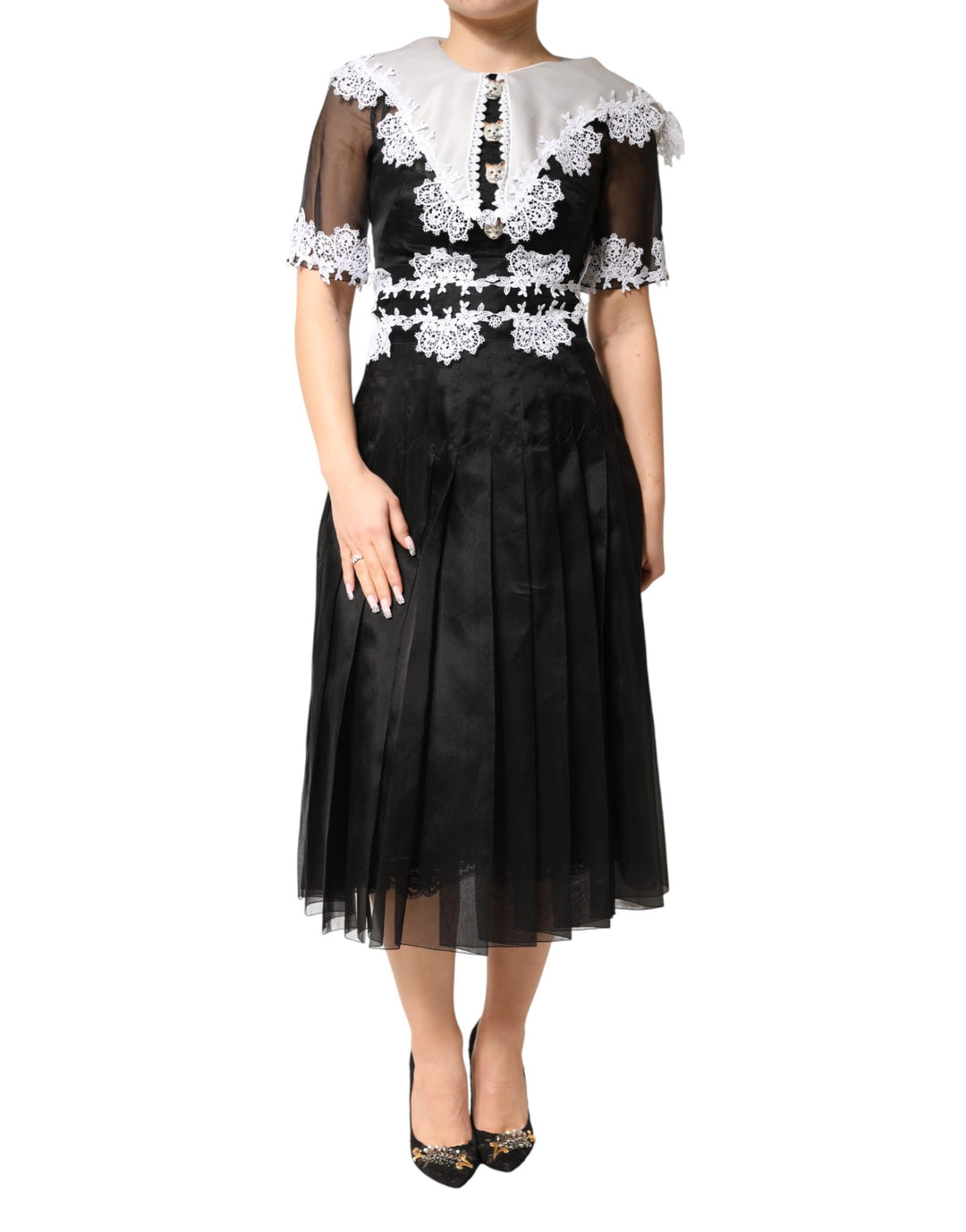 Dolce &amp; Gabbana Black White Silk Macrame Lace Midi Dress
