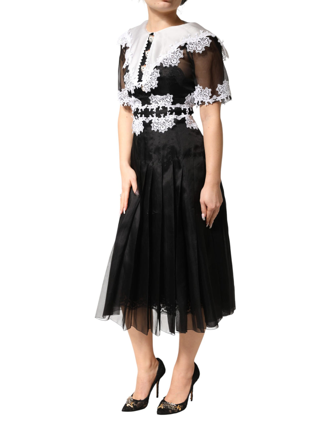 Dolce &amp; Gabbana Black White Silk Macrame Lace Midi Dress