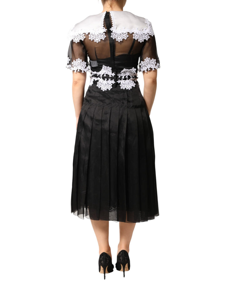 Dolce &amp; Gabbana Black White Silk Macrame Lace Midi Dress