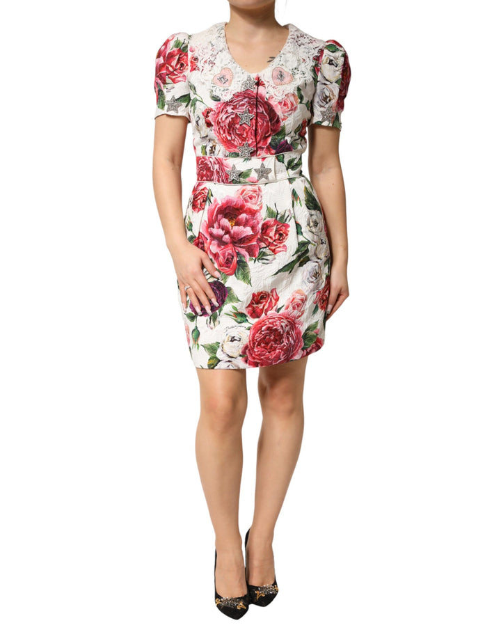 Dolce &amp; Gabbana White Floral Embellished Sheath Mini Dress