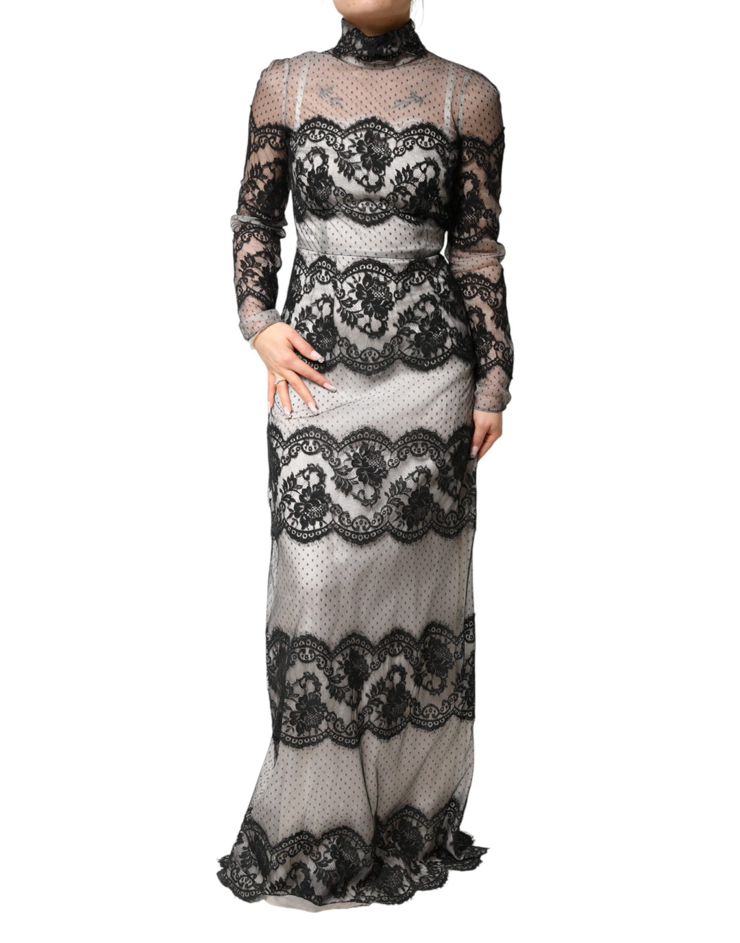 Dolce &amp; Gabbana Black White Lace Silk Blend MaxiSheath Dress