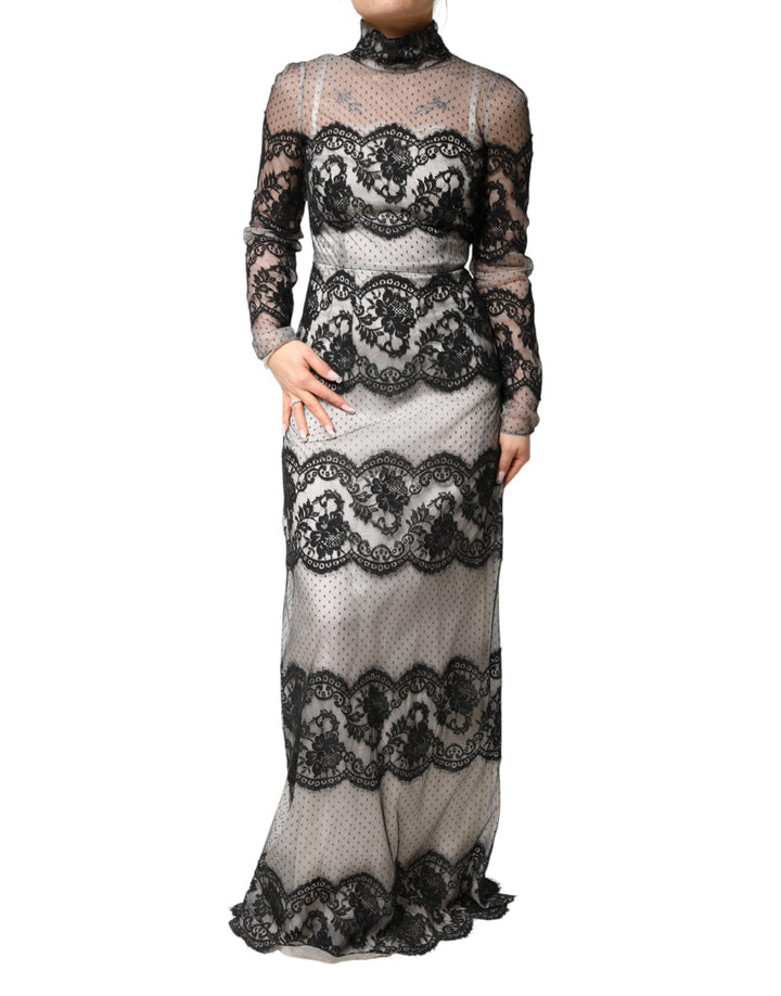 Dolce &amp; Gabbana Black White Lace Silk Blend MaxiSheath Dress