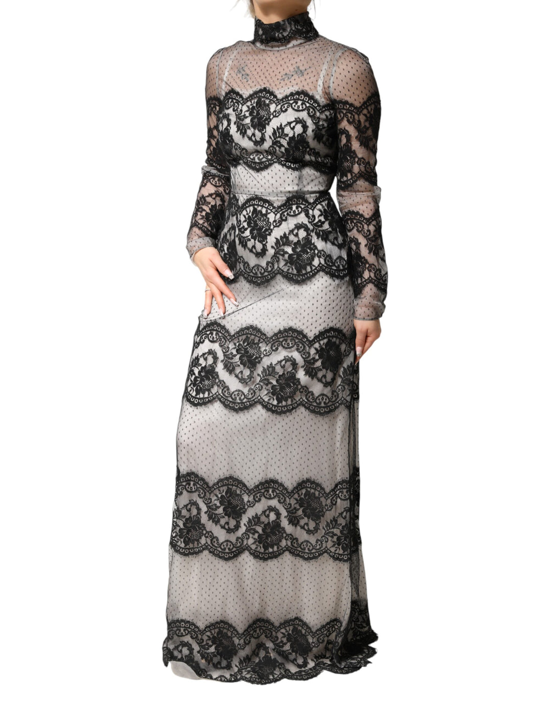Dolce &amp; Gabbana Black White Lace Silk Blend MaxiSheath Dress